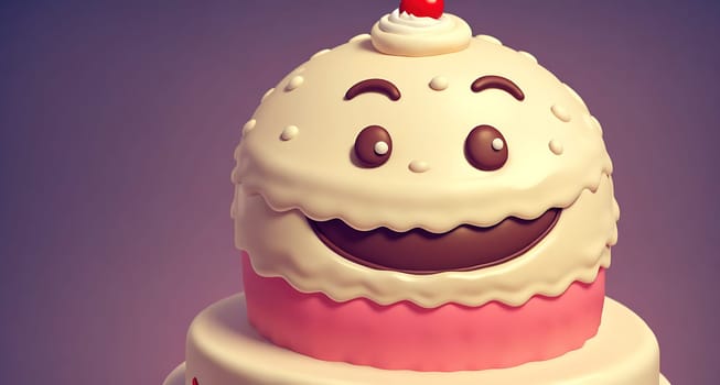 The image is a cake with a smiling face on top, made of white frosting and pink icing.