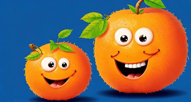 The image shows two smiling oranges with leaves and a smile on their faces.