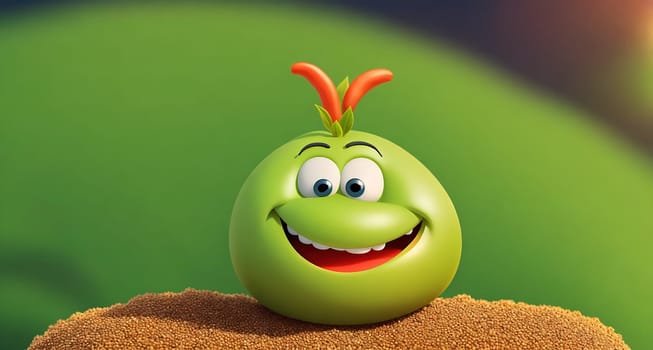 The image is of a smiling cartoon character sitting on top of a pile of dirt.