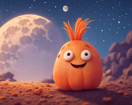 The image shows a cartoon pumpkin standing on a rocky surface with a crescent moon in the background.