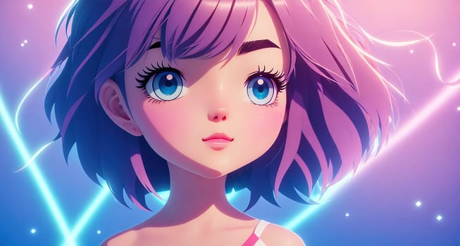 The image is of a young girl with pink hair and blue eyes standing in front of a purple background with stars and light beams.