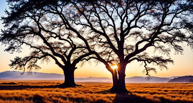 The image shows two oak trees standing in a field of tall grass on a sunny day, with the sun setting in the background.