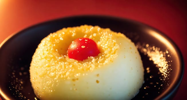 The image shows a small white cake with a red cherry on top sitting in a black bowl.