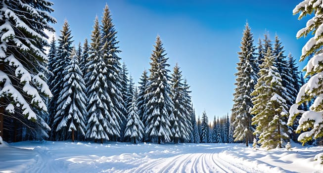 The image shows a snowy forest with tall pine trees on either side of the road, leading to a clearing in the distance.