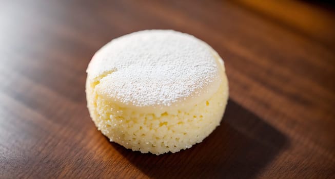 The image is a small white cake sitting on a wooden table.