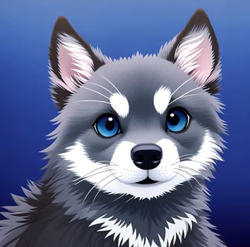 The image is a cartoon illustration of a cute little husky puppy with blue eyes and a fluffy coat.
