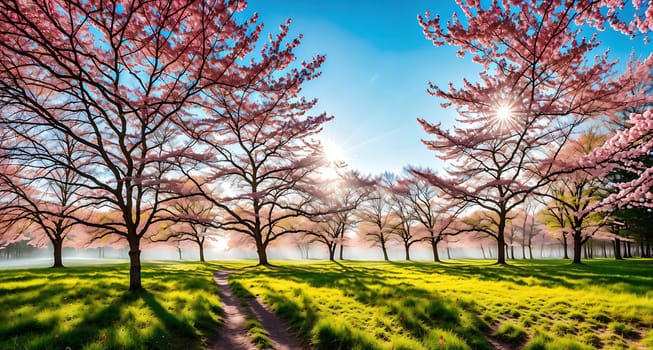 The image depicts a serene and peaceful scene with a group of trees in the foreground, their branches bare and swaying gently in the breeze, while the sun shines through the clouds in the background, casting a warm and inviting light on the grassy field.