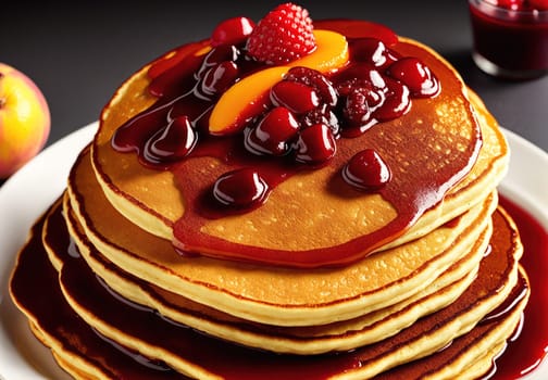 The image shows a stack of pancakes with strawberries and whipped cream on top, served with a side of syrup.