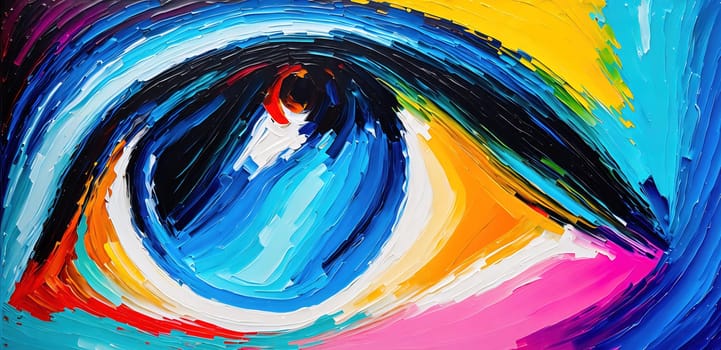 The image is a colorful abstract painting of an eye with swirling colors and shapes.