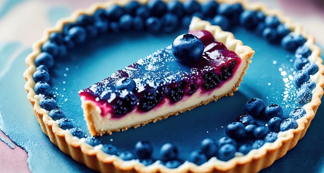 The image is a blueberry tart with a piece of blueberry cheesecake on top.