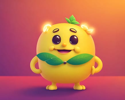 The image is a cartoon character wearing a green dress and holding a lemon in its hand, with a smile on its face.