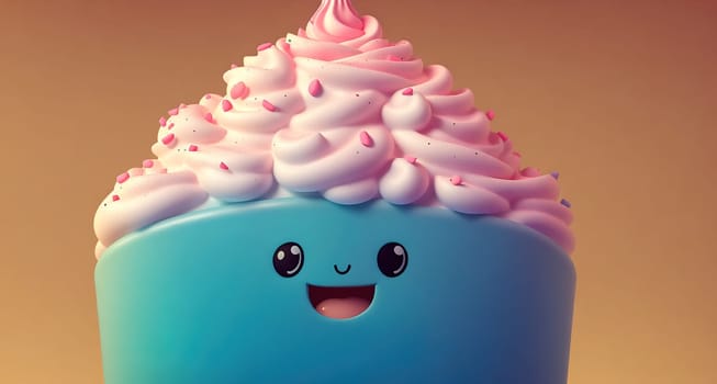 The image is a cartoon ice cream cone with a smiling face and pink and white swirls on top.
