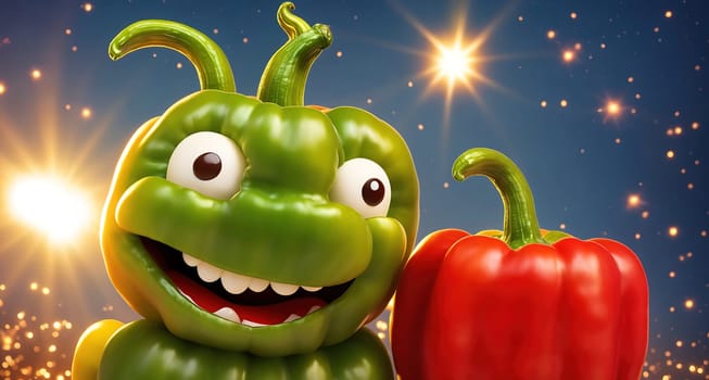 The image shows a cartoon green pepper and a red pepper standing next to each other, both with smiling faces and holding hands.
