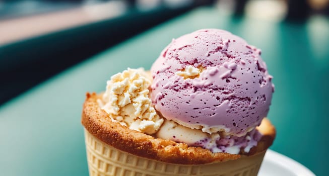 The image shows a scoop of ice cream on a plate with a pink and white striped cone on top.