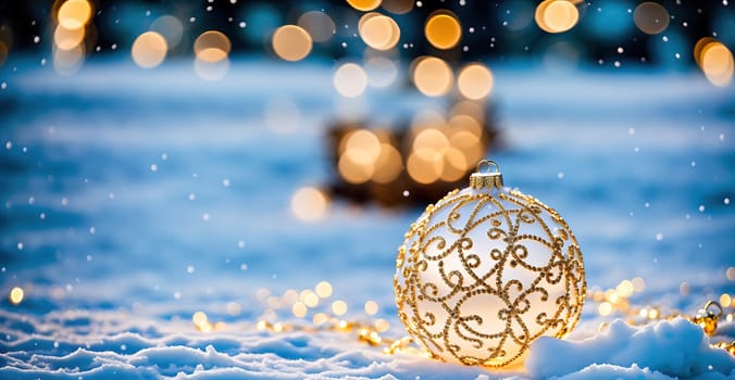 The image shows a white ornament hanging from a branch in a snowy landscape with blurred lights in the background.