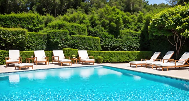 The image shows a swimming pool surrounded by lounge chairs and trees in the background.