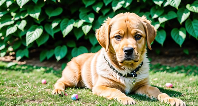 The image shows a golden retriever puppy lying on the grass with its head resting on its paws, looking up at the camera.