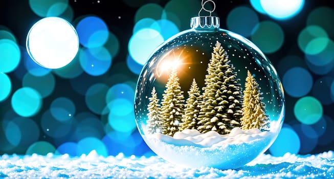 The image is a snow globe with a Christmas tree inside, surrounded by blue and white lights.