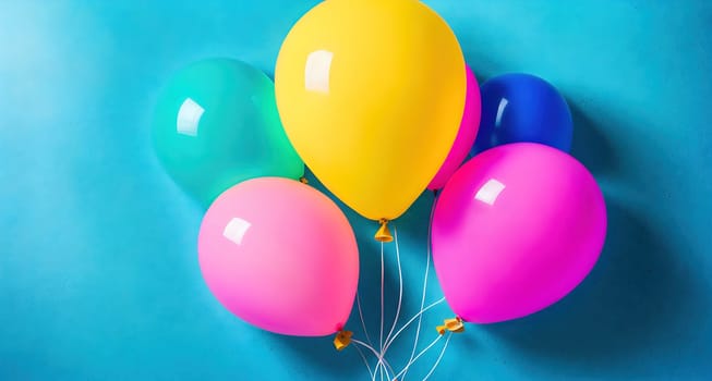 The image shows a group of colorful balloons hanging from a string on a blue wall.