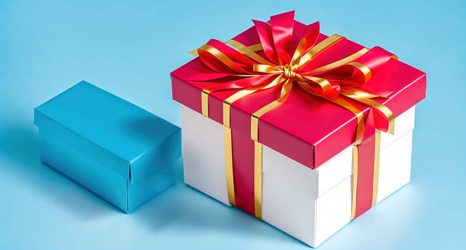 The image shows a white gift box with a pink ribbon tied around it, sitting next to a blue gift box with a red ribbon tied around it.