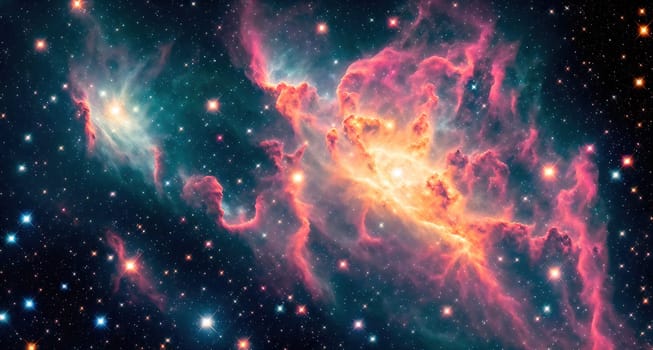 The image is a pink nebula with stars and galaxies in the background.