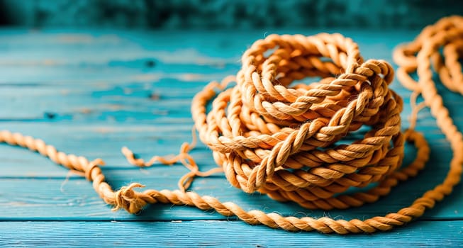 The image shows a rope tied in a knot on a wooden surface.