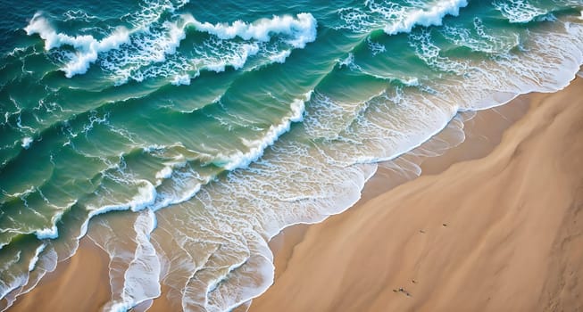 The image is a photograph of a beach with waves crashing against the shore.