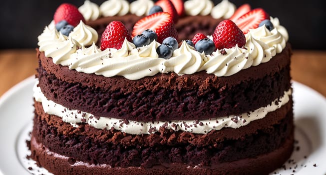 The image is a chocolate cake with white frosting and fresh strawberries on top.