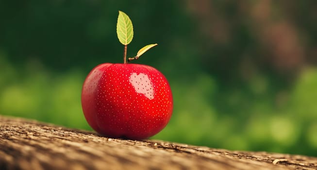 The image shows a red apple sitting on a wooden plank, with a green leaf growing out of it.