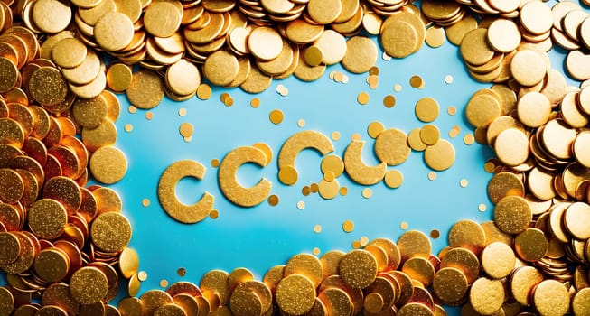 The image is a blue background with a pile of gold coins on top of it.