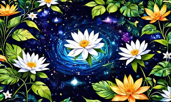 Painting of vibrant flowers floating in water, sense of peace, beauty in nature. For art, creative projects, fashion, style, advertising campaigns, blogs, social media, web design, print, magazine