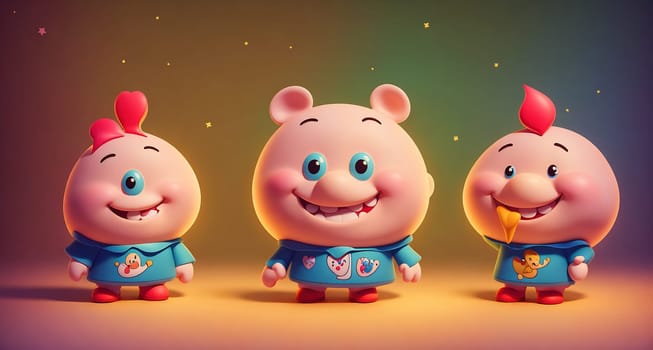 The image shows three cartoon pigs standing in a row, each one wearing a different color shirt and smiling at the camera.