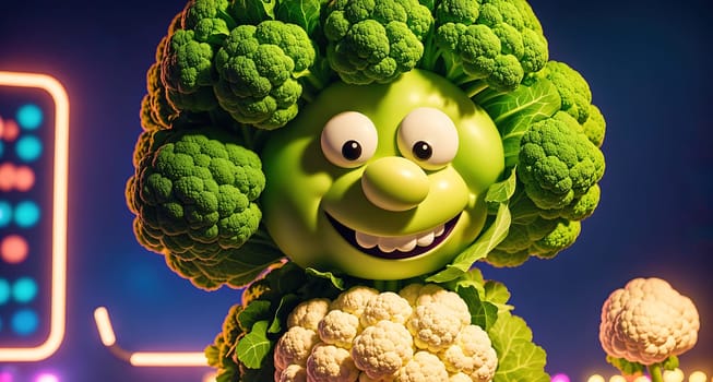 The image shows a cartoon character made of broccoli standing in front of a neon sign that reads Broccoli City.