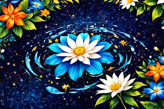 Painting of vibrant flowers floating in water, sense of peace, beauty in nature. For art, creative projects, fashion, style, advertising campaigns, blogs, social media, web design, print, magazine