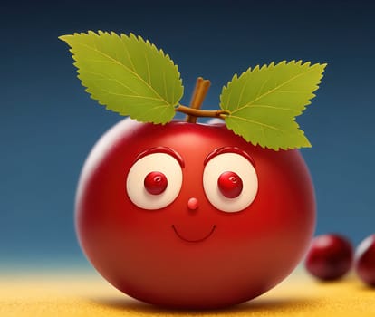 The image depicts a red apple with leaves and a worm on the ground.