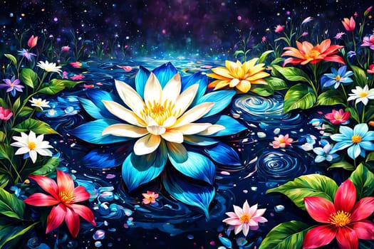 Beautiful array of colorful flowers gracefully floating in serene water, creating tranquil, visually striking scene. For interior design, decoration, art, advertising, web design, illustration book