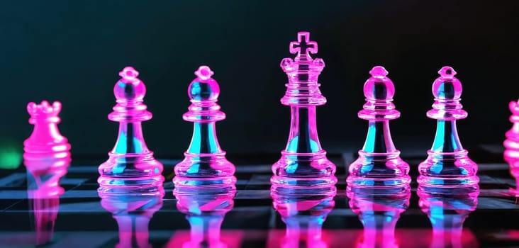 Neon chess on a glass board. Generative AI. High quality photo