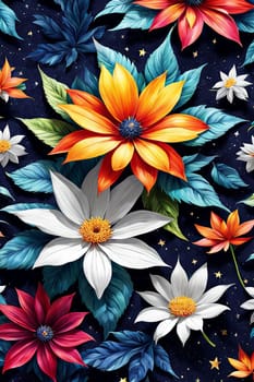 Vibrant colorful flowers set against dark background. For meditation apps, on covers of books about spiritual growth, in designs for yoga studios, spa salons, illustration for articles on inner peace