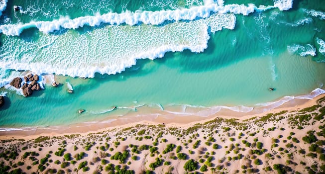 The image is a photograph of a beautiful beach with clear blue water, white sand, and green trees in the background.