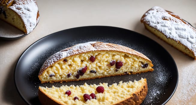 The image shows a slice of white bread with a bite taken out of it, sitting on a black plate next to a bowl of fruit salad.
