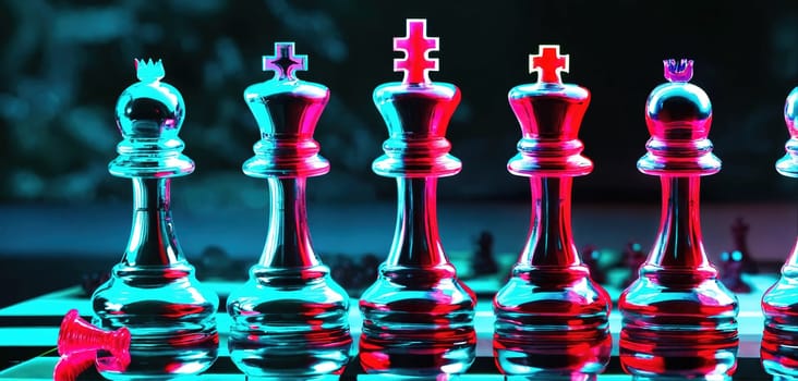 Neon chess on a glass board. Generative AI. High quality photo