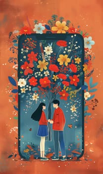A man and a woman stand in front of a floral phone the creative arts piece features orange flowers bursting from a rectangle window, blending art and technology