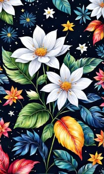 Bright colors of flowers pop out against black background, enhancing their beauty, making them focal point of image. For interior design, decoration, advertising, web design, as illustration for book