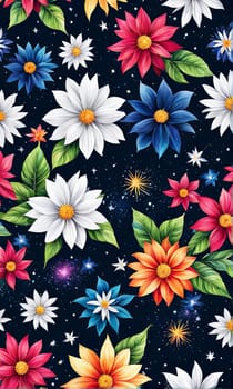 Vibrant, intricate floral design set against dark background, creating visually appealing contrast between colorful flowers, dark backdrop. For website design, advertising, greeting cards, magazines