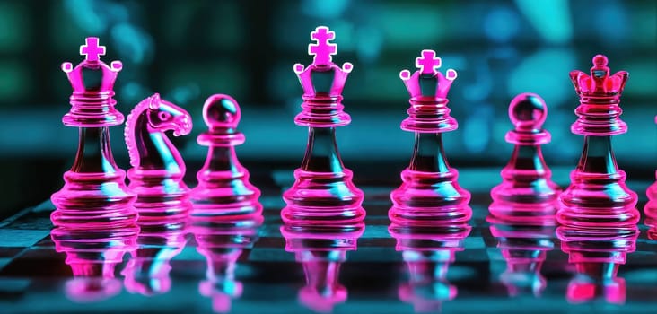 Neon chess on a glass board. Generative AI. High quality photo