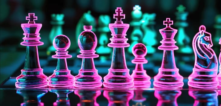 Neon chess on a glass board. Generative AI. High quality photo