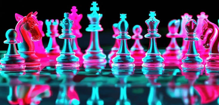 Neon chess on a glass board. Generative AI. High quality photo