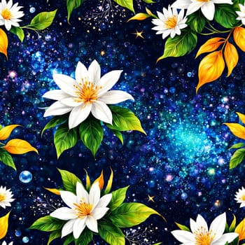 Serene lotus flowers on blue background adorned with stars. Starry background adds sense of mystery, magic to overall impression of image. For art, creative projects, fashion, style, social media