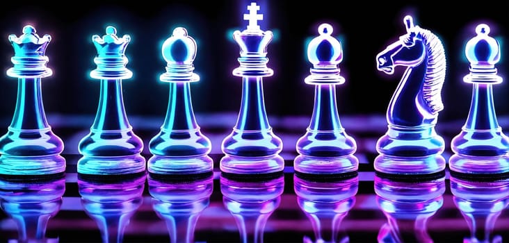 Neon chess on a glass board. Generative AI. High quality photo