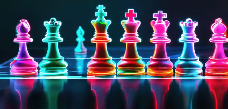 Neon chess on a glass board. Generative AI. High quality photo